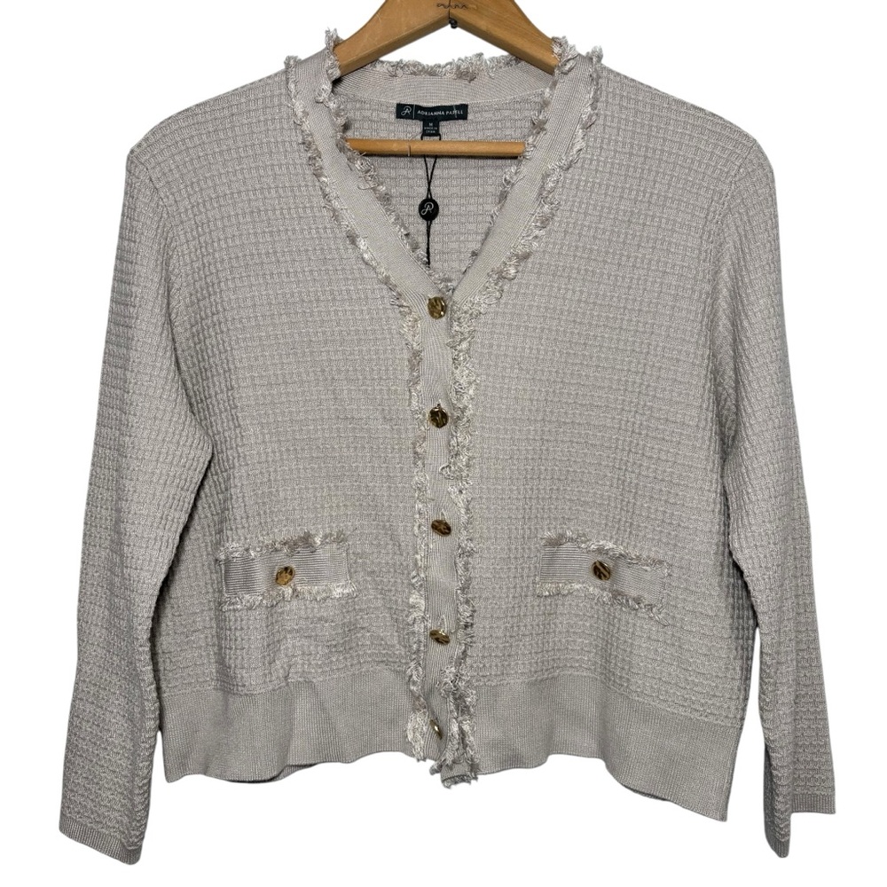 ADRIANNA PAPELL | NEW Pebble Knit Frayed Waffle Crop Cardigan Sweater size M